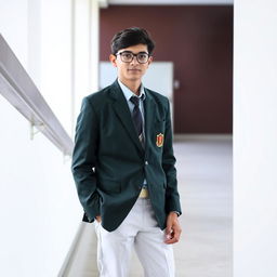 A 17-year-old male student in a dark green blazer with a school emblem, wearing well-pressed white trousers and polished black shoes