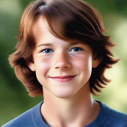 A high-quality, photorealistic digital art piece depicts a charming 14-year-old Australian boy named Archie, who bears a resemblance to a young Jared Padalecki