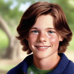 A high-quality, photorealistic digital art piece depicts a charming 14-year-old Australian boy named Archie, who bears a resemblance to a young Jared Padalecki