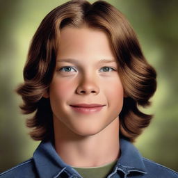 A high-quality, photorealistic digital art piece depicts a charming 12-year-old American boy who bears a resemblance to a young Jared Padalecki