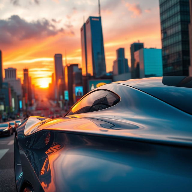 A sleek, futuristic electric car in a vibrant cityscape at sunset, with reflections on its glossy surface, clearly showcasing the innovative design and aerodynamic features