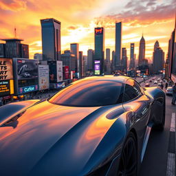 A sleek, futuristic electric car in a vibrant cityscape at sunset, with reflections on its glossy surface, clearly showcasing the innovative design and aerodynamic features