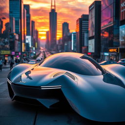 A sleek, futuristic electric car in a vibrant cityscape at sunset, with reflections on its glossy surface, clearly showcasing the innovative design and aerodynamic features