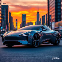 A sleek, futuristic electric car in a vibrant cityscape at sunset, with reflections on its glossy surface, clearly showcasing the innovative design and aerodynamic features