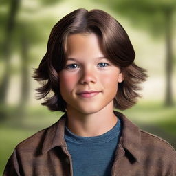 A high-quality, photorealistic digital art piece depicts a charming 12-year-old American boy who bears a resemblance to a young Jared Padalecki