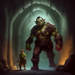 A large orc and a slim elf, respectively named Matt and Max, confidently stepping into a dimly lit, mysterious dungeon for their planned adventure.