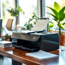 A printer in a modern office setting that is turned off