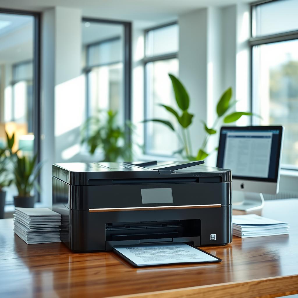 A printer in a modern office setting that is turned off