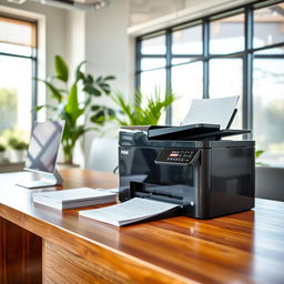 A printer in a modern office setting that is turned off