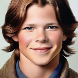 A high-quality, photorealistic digital art piece depicts a charming 12-year-old American boy who bears a resemblance to a young Jared Padalecki