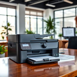 A printer in a modern office setting that is turned off