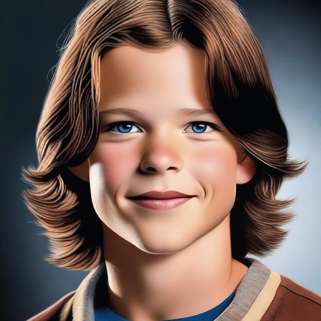 A high-quality, photorealistic digital art piece depicts a charming 12-year-old American boy who bears a resemblance to a young Jared Padalecki