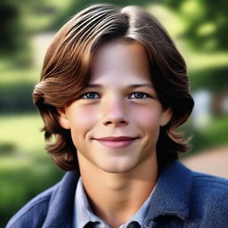 A high-quality, photorealistic digital art piece vividly portrays a charming 12-year-old American boy who bears a striking resemblance to Thomas Padalecki