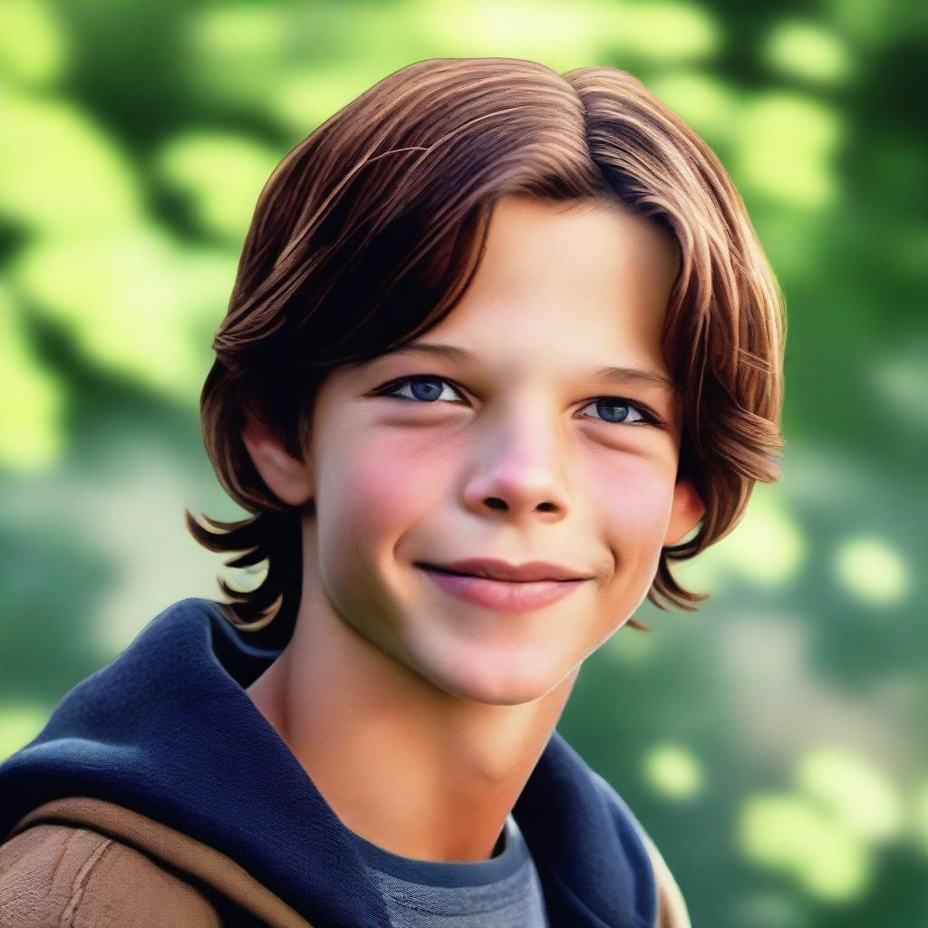 A high-quality, photorealistic digital art piece vividly portrays a charming 12-year-old American boy who bears a striking resemblance to Thomas Padalecki