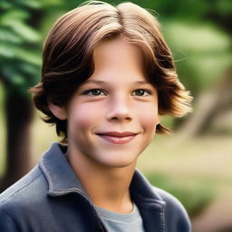 A high-quality, photorealistic digital art piece vividly portrays a charming 12-year-old American boy who bears a striking resemblance to Thomas Padalecki