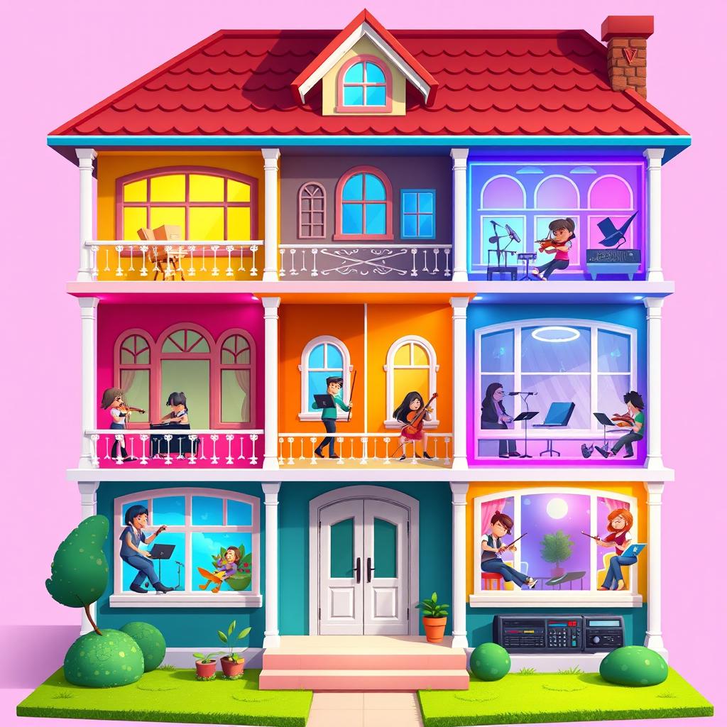 A vibrant 2D house design for a music creation game, where each floor represents a different music genre