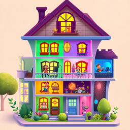 A vibrant 2D house design for a music creation game, where each floor represents a different music genre