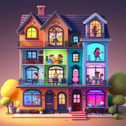 A vibrant 2D house design for a music creation game, where each floor represents a different music genre