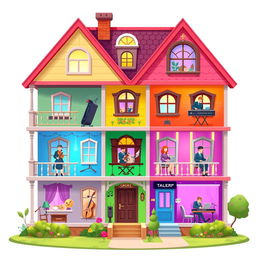 A vibrant 2D house design for a music creation game, where each floor represents a different music genre