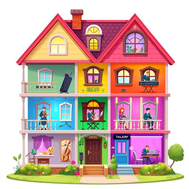 A vibrant 2D house design for a music creation game, where each floor represents a different music genre