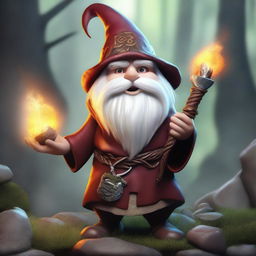 A high-resolution, realistic digital artwork featuring a rock gnome mage with dragon-like hands and eyes, wielding a staff