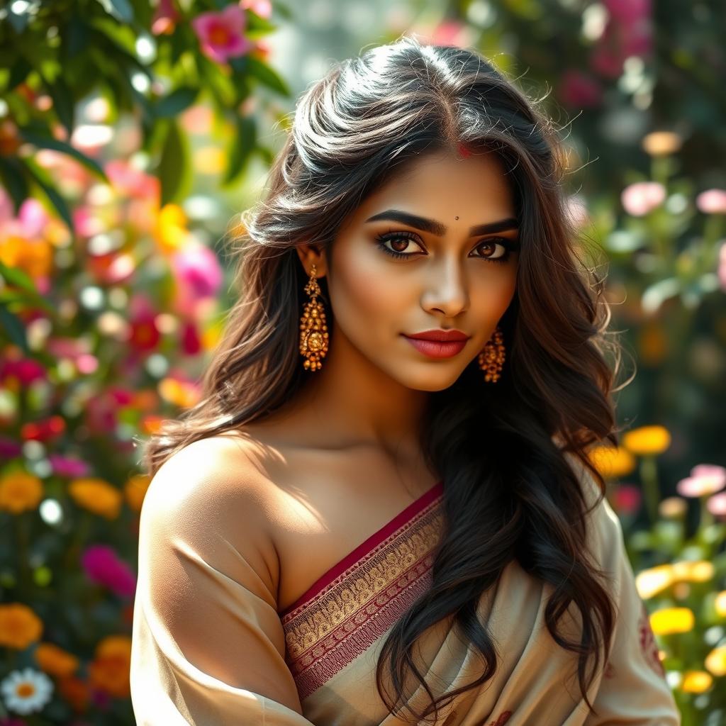A captivating Indian woman with exquisite features, adorned in a traditional saree that flows elegantly around her
