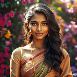 A captivating Indian woman with exquisite features, adorned in a traditional saree that flows elegantly around her