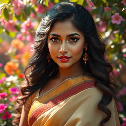 A captivating Indian woman with exquisite features, adorned in a traditional saree that flows elegantly around her