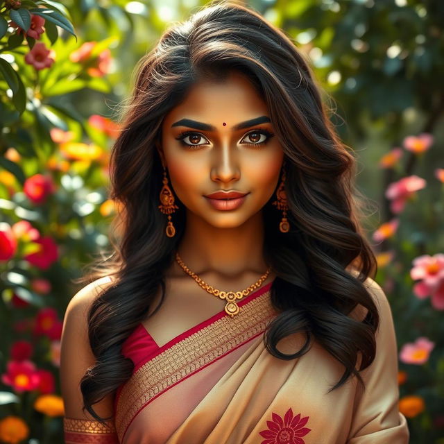 A captivating Indian woman with exquisite features, adorned in a traditional saree that flows elegantly around her