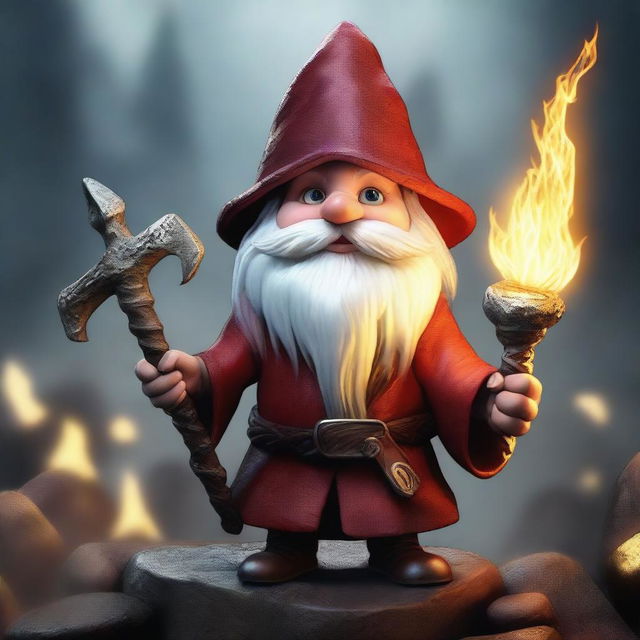 A high-resolution, realistic digital artwork featuring a rock gnome mage with dragon-like hands and eyes, wielding a staff