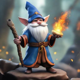 A high-resolution, realistic digital artwork featuring a rock gnome mage with dragon-like hands and eyes, wielding a staff