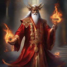 A high-quality digital art piece depicts a wealthy mage with dragon-like hands and eyes, wielding a staff with fire magic