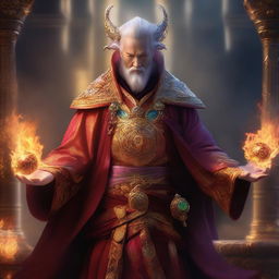 A high-quality digital art piece depicts a wealthy mage with dragon-like hands and eyes, wielding a staff with fire magic