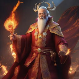 A high-quality digital art piece depicts a wealthy mage with dragon-like hands and eyes, wielding a staff with fire magic