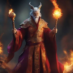 A high-quality digital art piece depicts a wealthy mage with dragon-like hands and eyes, wielding a staff with fire magic