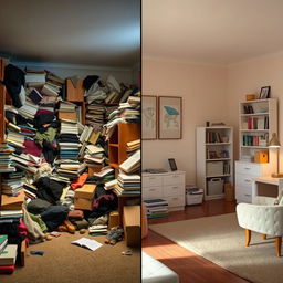 A split scene showcasing two contrasting rooms: on the left, a messy room filled with clutter, clothes scattered on the floor, stacks of books, and random items strewn about, conveying a sense of chaos; on the right, a neat and organized room with clean lines, tidy furniture, and everything in its place, emanating a feeling of calmness and order