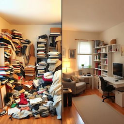 A split scene showcasing two contrasting rooms: on the left, a messy room filled with clutter, clothes scattered on the floor, stacks of books, and random items strewn about, conveying a sense of chaos; on the right, a neat and organized room with clean lines, tidy furniture, and everything in its place, emanating a feeling of calmness and order