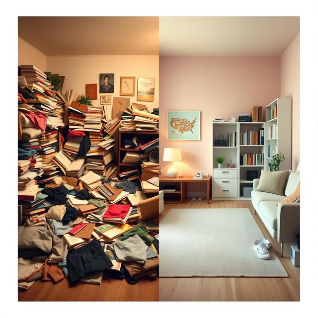 A split scene showcasing two contrasting rooms: on the left, a messy room filled with clutter, clothes scattered on the floor, stacks of books, and random items strewn about, conveying a sense of chaos; on the right, a neat and organized room with clean lines, tidy furniture, and everything in its place, emanating a feeling of calmness and order