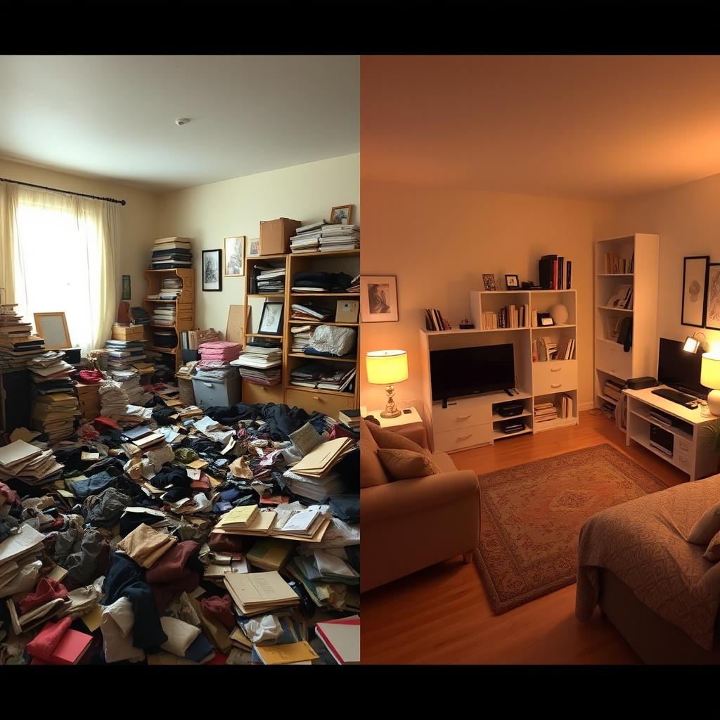 A split scene showcasing two contrasting rooms: on the left, a messy room filled with clutter, clothes scattered on the floor, stacks of books, and random items strewn about, conveying a sense of chaos; on the right, a neat and organized room with clean lines, tidy furniture, and everything in its place, emanating a feeling of calmness and order