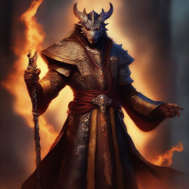 This is a high-quality digital art piece portraying a wealthy dragonborn mage with dragon-like hands and eyes, wielding a staff with fire magic