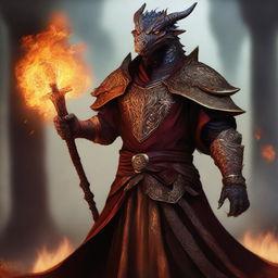 This is a high-quality digital art piece portraying a wealthy dragonborn mage with dragon-like hands and eyes, wielding a staff with fire magic