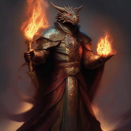 This is a high-quality digital art piece portraying a wealthy dragonborn mage with dragon-like hands and eyes, wielding a staff with fire magic