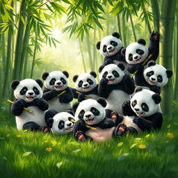 A group of playful panda bears frolicking in a lush green bamboo forest, showcasing their playful nature with some climbing on trees and others rolling in the grass