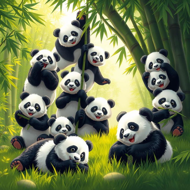 A group of playful panda bears frolicking in a lush green bamboo forest, showcasing their playful nature with some climbing on trees and others rolling in the grass