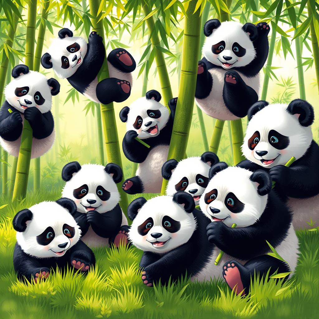 A group of playful panda bears frolicking in a lush green bamboo forest, showcasing their playful nature with some climbing on trees and others rolling in the grass