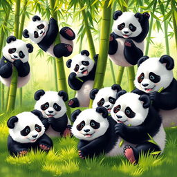 A group of playful panda bears frolicking in a lush green bamboo forest, showcasing their playful nature with some climbing on trees and others rolling in the grass