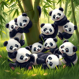 A group of playful panda bears frolicking in a lush green bamboo forest, showcasing their playful nature with some climbing on trees and others rolling in the grass