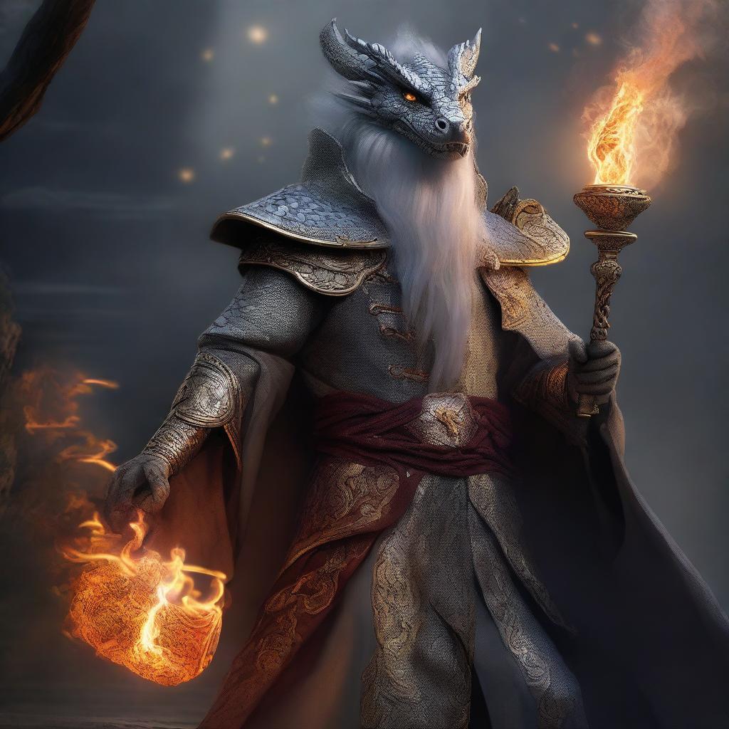 This high-quality digital art showcases a wealthy mage with dragon magic, grey scaly skin, and wielding a staff with fire magic