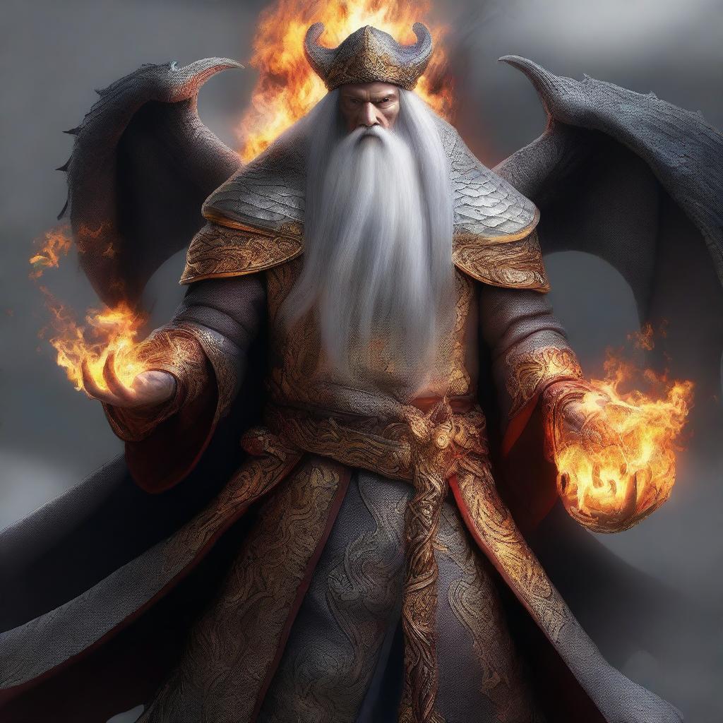 This high-quality digital art showcases a wealthy mage with dragon magic, grey scaly skin, and wielding a staff with fire magic