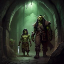 A large orc and a slim elf, respectively named Matt and Max, confidently stepping into a dimly lit, mysterious dungeon for their planned adventure.